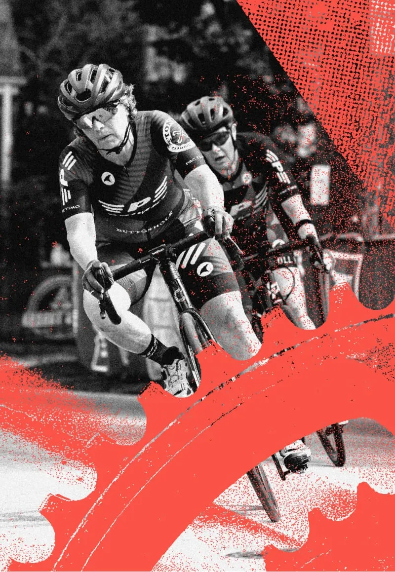 Two masters Illinois Cup riders sweep through a corner with red graphic overlays.